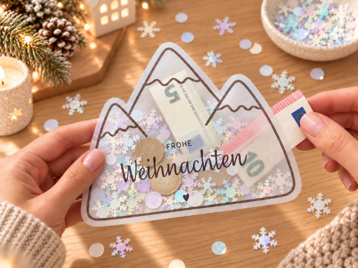 Schüttelkarte Geldgeschenk · Frohe Weihnachten · Vorlage zum Ausdrucken
