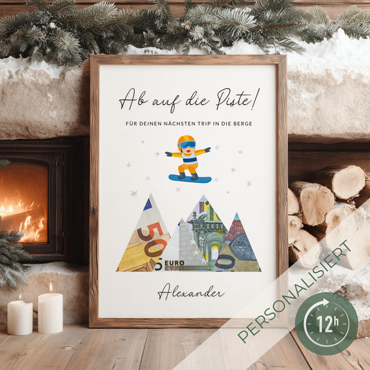 Geldgeschenk · Winter & Weihnachten · Snowboard · Ab auf die Piste (mit Namen)