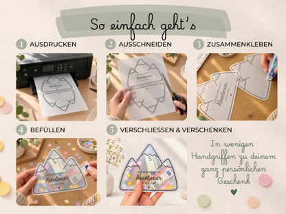 Schüttelkarte Geldgeschenk · Berge · Vorlage zum Ausdrucken