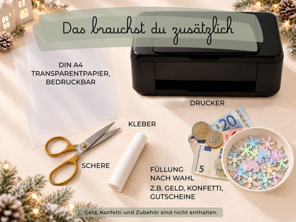 Schüttelkarte Geldgeschenk · Frohe Weihnachten · Vorlage zum Ausdrucken